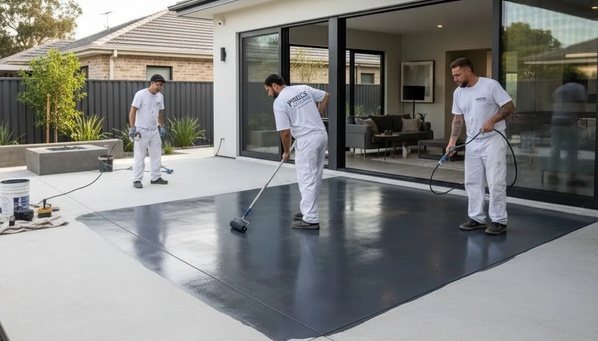Professional concrete staining on patio surface in Glendale, AZ by Desert Tested Finishes painters
