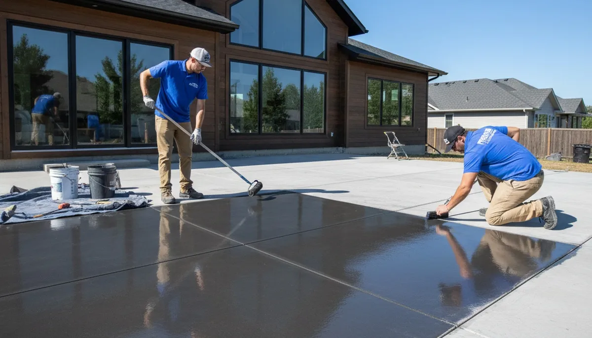 Professional concrete staining on residential patio in Glendale, AZ by Desert Tested Finishes