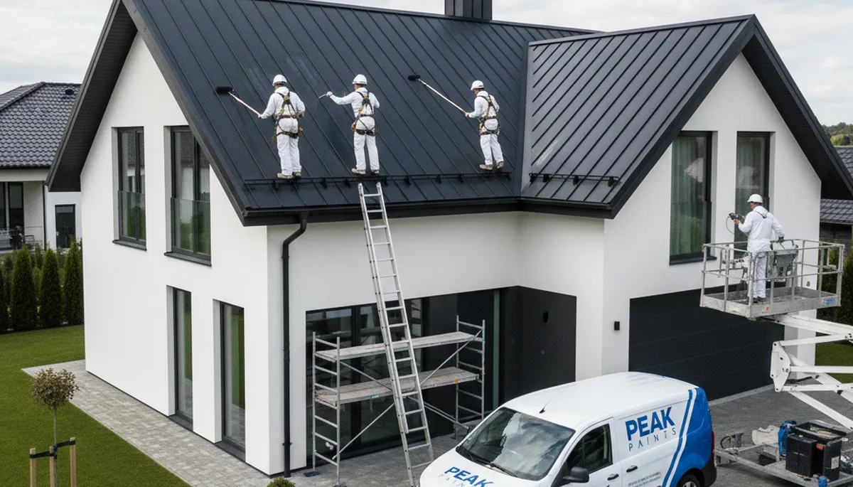 Professional roof painters coating tile roof in Glendale, AZ for heat and UV protection