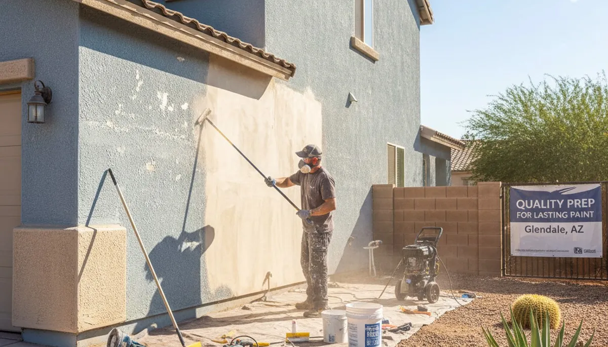 Surface preparation for exterior house painting in Glendale, AZ by professional painters